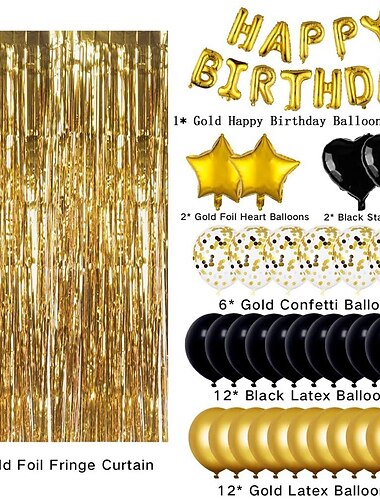  Costume de lettre de joyeux anniversaire en or noir de 16 pouces, costume d'ambiance de fête d'anniversaire avec ballon en or noir