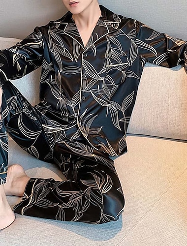  Hombre Pijama Pijama de Seda 2 Piezas Estrella Hojas Sencillo Confort Hogar Diario Seda sintética Transpirable Diseño Manga Larga Pantalón Bolsillo Otoño Primavera Negro Azul Piscina