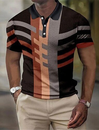  Herren Karomuster Waffel-Poloshirts Golfshirt Kurzarm Polo-Shirts Hemden mit Kragen Vintage Lässig Urlaubskleidung Formelle Kleidung Festivalkleidung Knöpfe 3D-Druck Gelb Rosa Blau