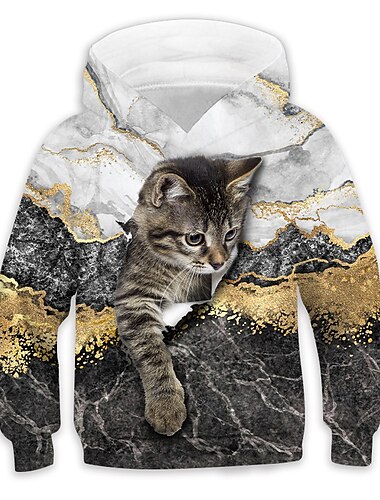  Crianças meninas meninos moletom com capuz pulôver animal gato manga longa bolso crianças top casual moletom adorável diário branco amarelo azul outono 7-13 anos