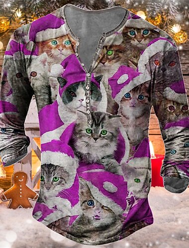  Pánské Grafika Kočka Tričko Tričko Henley Trička Dlouhý rukáv Košile Henley Vánoce Venkovní 3D tisk Rubínově červená Fialová Oranžová Trávová zelená Tisk Tlačítko dolů Oblečení Designové Základn