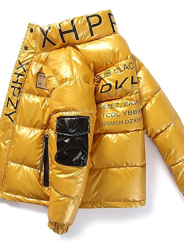  Homens Casaco puffer Acolchoado Parka Bolsos Imprimir Bolso Com Zíper Esportes Viajar Curto Chique & Moderno Exterior Casual / Diário Inverno Letra Prata Preto Amarelo Casaco puffer