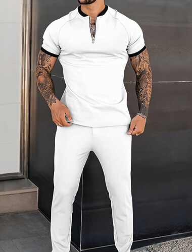  Herren T-Shirt Anzüge Trainingsanzug Tennishemd Shorts und T-Shirt-Set Kurzarm Henley Frühling & Herbst Einfach Sport Designer Klassisch 2 teilig Outdoor Straße Täglich Schwarz Weiß Pudriges Rosa Top