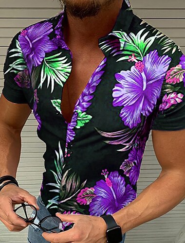  Herren Blumen Graphic Tropische Blumen Hemd Hawaiihemd Sommerhemd Aloha-Shirt Kurzarm Hemd Umlegekragen Designer Brautkleider schlicht Outdoor Party Casual Schwarz / Rot Blau Purpur S M L