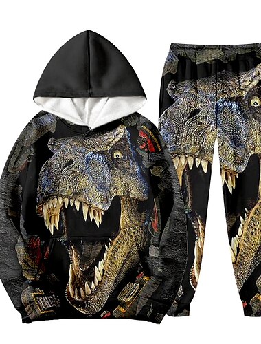  2 Stück kinderkleidung Jungen Kapuzenpulli & Hose Outfit Tier Dinosaurier Langarm Set Casual Cool Täglich Winter Herbst 7-13 Jahre Schwarz Blau Orange