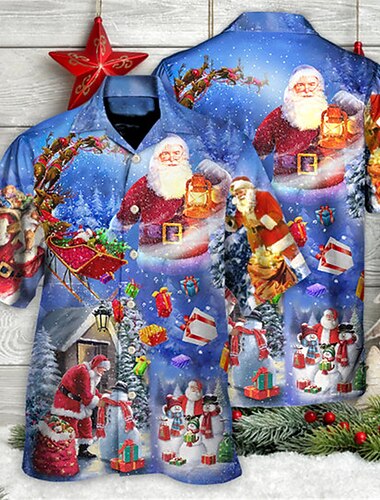  christmas herre juletre trykte skjorter skjorter tre julenissen snømann grafiske trykk turndown blå rød lyseblå 3d print street kortermet button-down print klær klær mote