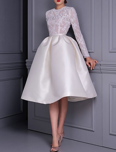  Robes cocktail A-Line robe élégante fête de mariage anniversaire longueur genou manches longues col bijou invité de mariage automnal satin avec épissures d'appliqués 2025