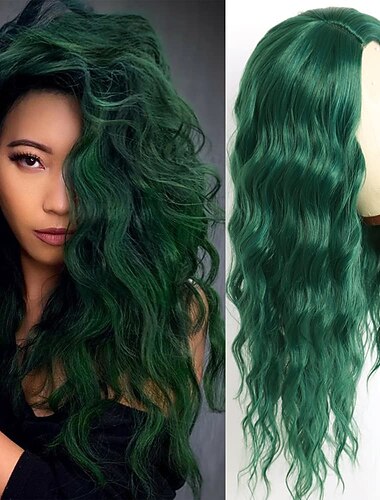  grüne Perücken für Frauen hitzebeständiger Haarersatz tiefe Körperwellen-Mittelteilperücke synthetische kleine Spitzenperücke für Weihnachtsfeier tägliche Partyperücke St.Patrick's Day Perücken
