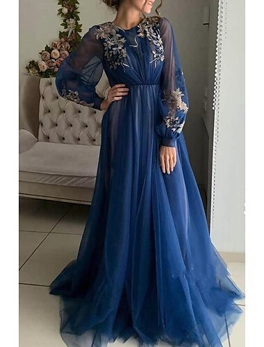  Linha A Vestidos de noite Floral Vestido Convidado do casamento Aniversário Cauda Escova Manga Longa Decorado com Bijuteria Tule com Bordado 2024