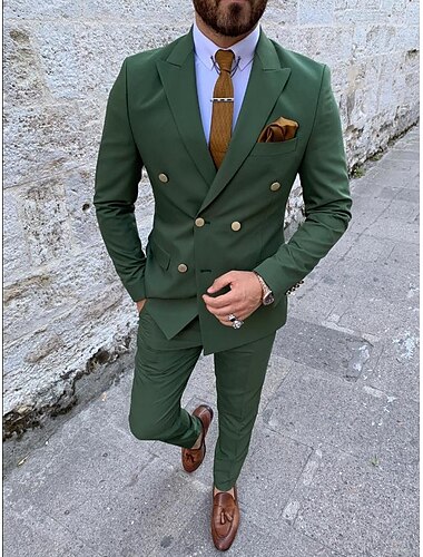  Trajes de boda para hombres Trajes de regreso a casa verde oscuro de color sólido ajuste estándar de 2 piezas de doble botonadura de seis botones