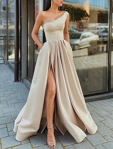  A-Line Prom Dresses Sexy Dress Formal Wedding Guest Floor Length Sleeveless One Shoulder Satin with Pleats Slit 2024