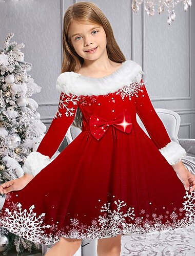  Barn Jente Julekjole Kjole Snowflake kjole Snøfnugg Langermet Julegaver Avslappet Pelskanter Crewneck Bedårende Daglig Polyester Ovenfor knéet Uformell kjole Swingkjole Kjole med A-linje Høst Vinter