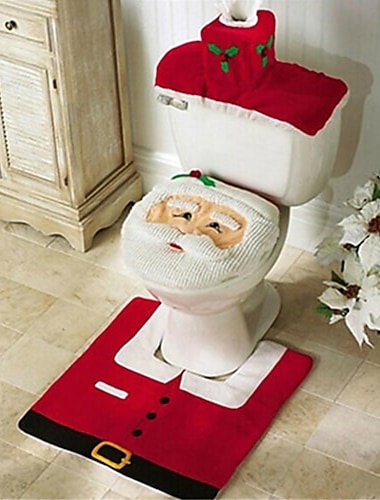  Housse de siège de toilette de Noël Père Noël, ensembles de salle de bain de Noël 3 pièces, housse de siège de toilette et ensemble de tapis, ornement de père Noël sur les toilettes, siège de