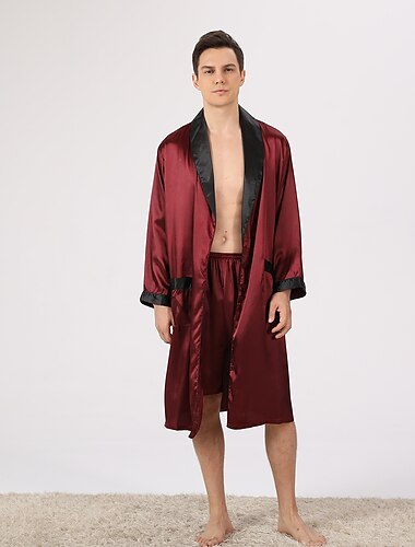  Herren Übergröße Morgenmantel Seidenrobe Kimono aus Seide Sets 2 Stück Wellen Einfach Komfort Heim Täglich Kunstseide Polyester Geschenk Kargen Langarm Robe Top Kurze Hosen Tasche Einstellbar Gürtel