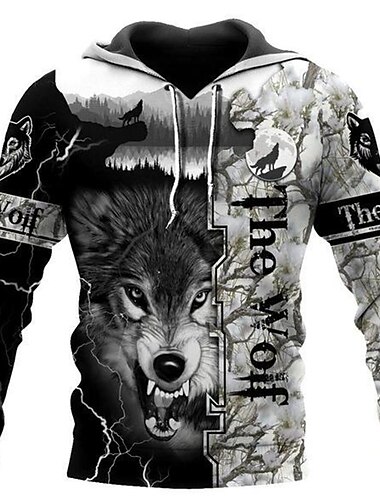  Per uomo Lupo Stampe Grafiche Felpa con Cappuccio Felpe con cappuccio Felpa Streetwear Essenziale Casual Manica Lunga Con Cappuccio Quotidiano Sportivo Nero Stampato Primavera & Autunno progettista S