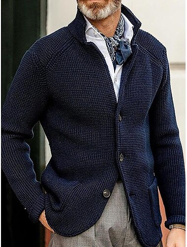  Men's Sweater Cardigan Sweater Jacket Blazer Waffle Knit  Stand Collar Cropped Knitted Solid Color Long Sleeve Basic Stylish Outdoor Daily Clothing Apparel Fall Winter Blue Khaki S M L