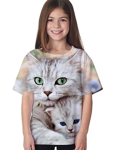  Copii Fete Tricou Animal Casual Manșon scurt Crewneck Drăguţ 7-13 ani Vară Negru Alb Bleumarin
