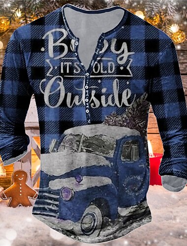  クリスマス メンズ クリスマス シーン ヘンリー T シャツ T シャツ ヘンリー T シャツ グラフィック カー チェック柄 / チェック ヘンリー レッド ブルー グリーン 3D プリント アウトドア 長袖 ボタンダウン プリント 衣類 アパレル デザイナー ベーシック クラシック