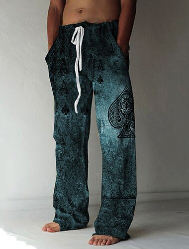  Voor heren Broek Zomerbroek Strandbroeken Elastisch ontwerp met trekkoord Voorvak Recht been Grafische prints Poker Comfort Zacht Casual Dagelijks Strand Linnen zoals stof Modieus Ontwerper blauw
