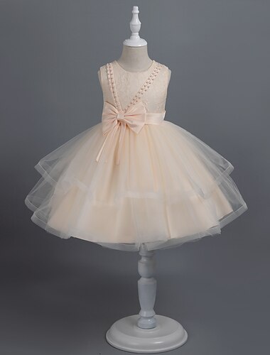  Toddler Girls' Party Dress Solid Color Sleeveless Performance Wedding Tie Knot Adorable Princess Polyester Knee-length Tulle Dress Summer Spring 3-7 Years Multicolor White Champagne