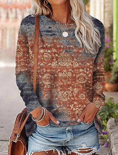  Womenské tričko s krátkým rukávem Crew Neck dlouhý rukáv tunika grafické vintage etnické kulatý výstřih běžné každodenní víkendový potisk červená modrá fialová oranžová zelená podzim a zima