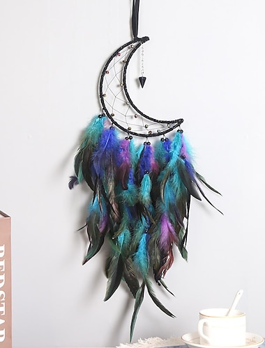  Atrapasueños de luna regalo hecho a mano con gancho de plumas de colores flor carillón de viento adorno colgante de pared decoración arte estilo boho 18x35 cm/7,08 ''x 13,78''
