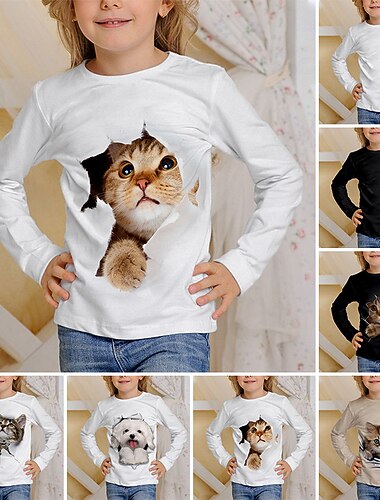  子供 女の子 Tシャツ 動物 カジュアル 3Dプリント 長袖 クルーネック かわいいスタイル 7-13歳 秋 ブラック ホワイト アイボリー