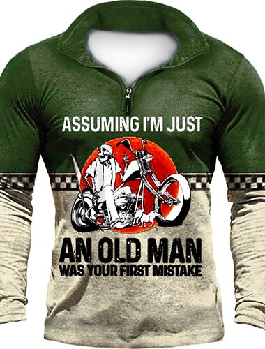  Męska koszulka z długim rękawem z grafiką i cytatem dla motocyklisty 'Założenie że jestem tylko starym człowiekiem było Twoim pierwszym błędem' śmieszna koszulka z ćwierć zamkiem