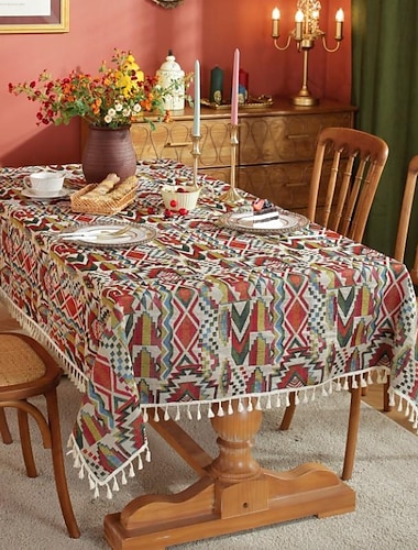  Mantel de granja, mantel de lino y algodón bohemio, decoración de mesa bohemia, resistente a las arrugas para restaurante, picnic, comedor interior y exterior