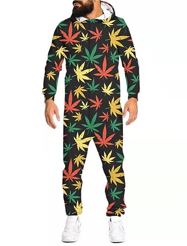  Hombre Ropa de salón Monos Pijamas de una pieza Hojas Sencillo Casual Confort Hogar Diario Algodón Comodidad Transpirable Sudadera Manga Larga Bolsillo Otoño polvo blanco Negro