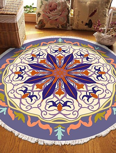  Runder Teppich mit Mandala-Quaste im Ethno-Stil, Wohnzimmer, Schlafzimmer, Couchtisch, Bodenmatte