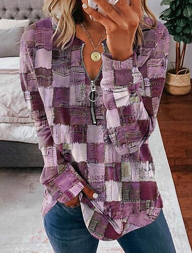  Damen Geometrisch Aktiv Strassenmode Langarm V Ausschnitt Normale Oberteile Strasse Casual Zip Rosa Blau Purpur Grün Herbst Winter