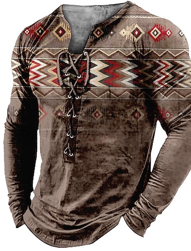  قميص رجالي جرافيك تي شيرت بياقة أخضر وأزرق وقهوة رمادية ثلاثية الأبعاد طباعة خارجية بأكمام طويلة للشارع بأربطة ملابس بوهو مصمم كاجوال من القطن الأمريكي الأصلي