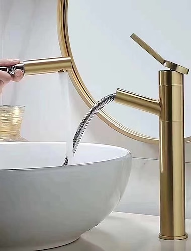  kylpyhuoneen pesuallashana ulosvedettävällä suihkulla, harjattua kultaa yksikahvainen yksireikäinen messinkihana kuumalla ja kylmällä vedellä