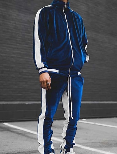  Hombre Tracksuit Sudadera Trajes para correr Chándal de terciopelo Rojo tinto Negro Azul Piscina Verde Trébol Gris Oscuro Cuello Mao Bloque de color 2 Piezas Deporte Deportes Ropa de calle Ropa de