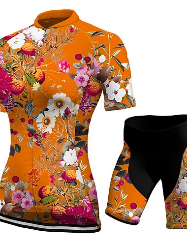  21Grams Damen Radtrikot mit Radhose fahrradbekleidung set Kurzarm MTB Mountain Rennrad Schwarz Gelb Orange Blumen Pflanzen Fahhrad 3D-Pad Atmungsaktiv Rasche Trocknung