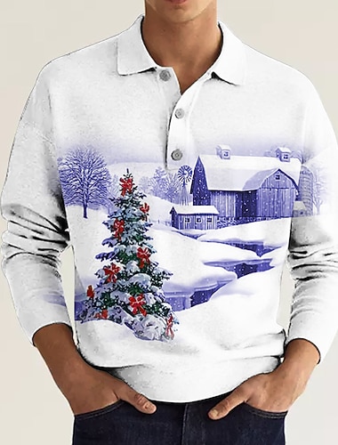  jul menns julescene 3d polo golf tre grafiske utskrifter hus turndown gul blå lilla grønn grå 3d print street langermet print button-down klær klær motedesigner uformell