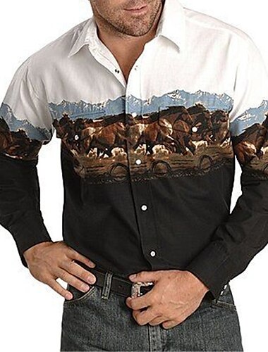  Hombre Animal Caballo Estampados Camisa camisa occidental Camisa vaquera Manga Larga Moda Design Casual Exterior Diario Otoño invierno Cuello Vuelto Estampado Abotonar Blanco Negro / Verde Verde