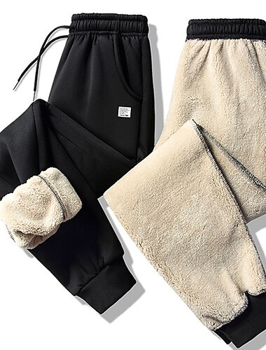  Men's Sherpa Fleece Pants Sweatpants Joggers Winter Pants Pocket Drawstring Elastic Waist Plain Warm Soft Casual Daily Fashion Streetwear Black-White Black Micro-elastic