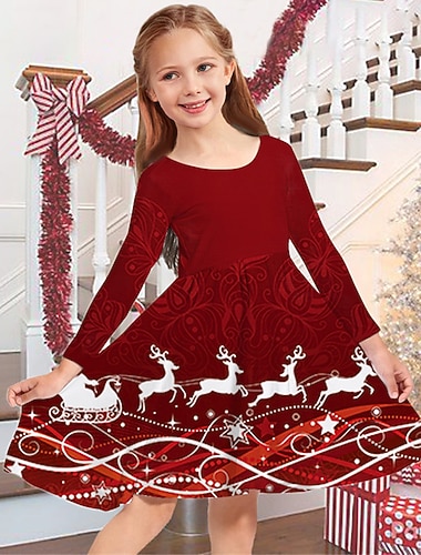  Enfants Fille Robe de Noël Robe Robe flocon de neige Animal Chaque manche longue Cadeau Noël Casual Col ras du cou Adorable du quotidien Polyester Au dessus du genou Robe casual Robe Évasée Robe