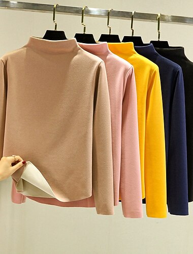  Mujer Camisetas Interiores Camisa de tocar fondo Color sólido Cálido Borroso Forro polar de sherpa Manga Larga Cuello Alto Cuello de pila Tops regulares Calle Casual Negro Amarillo Rosa Azul Marino