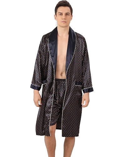  Hombre Talla Grande Túnica Bata de seda Batas Kimono de seda 2 Piezas Olas Sencillo Confort Hogar Diario Seda sintética Poliéster Regalo Diseño Manga Larga Top de bata Bermudas Bolsillo Ajustable