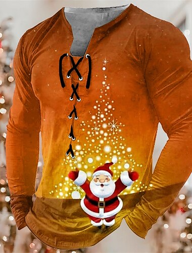  karácsonyi férfi Mikulás Henley póló grafikus póló mikulás gallér zöld kék lila narancs piros 3d print szabadtéri hosszú ujjú fűzős alkalmi pamut