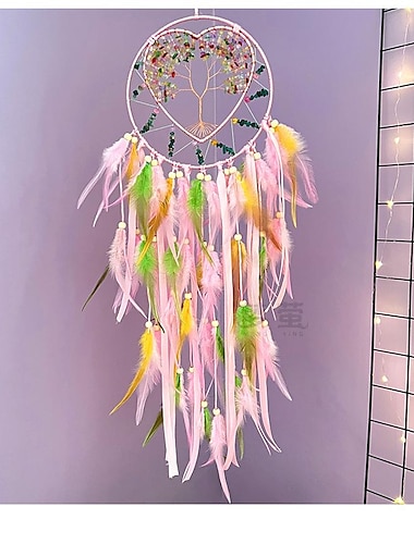  vita del cuore dell'albero acchiappasogni regalo fatto a mano con piume rosa decorazioni da appendere alla parete arte campanelli eolici stile boho pendente per auto appeso a casa 20x85cm/7.8''x33.4''