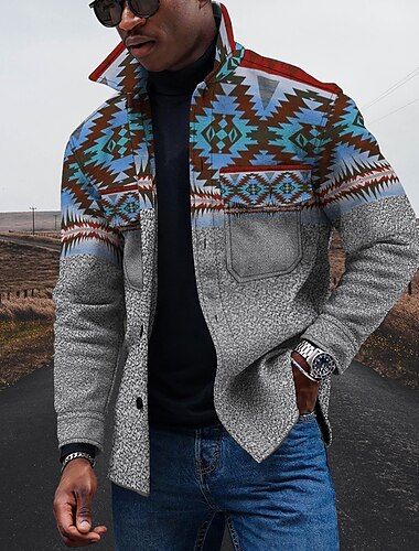  Herre Geometrisk Tribal Etnisk Skjorte med krave Skjorte jakke Overtrøje Langærmet Årgang Gade Etnisk Stil udendørs Daglig I-byen-tøj Sommer Forår Aftæpning Lomme Trykt mønster Gul Lyserød Blå Lilla