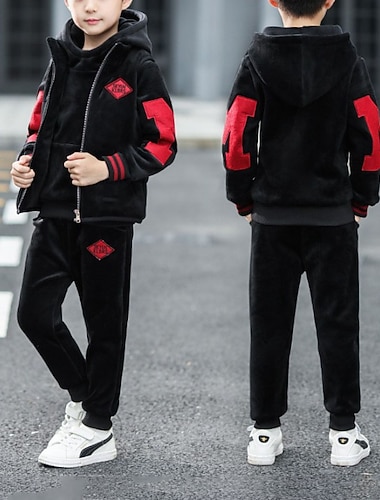  3 pezzi Bambino Da ragazzo Felpa con cappuccio e pantaloni Vestito Alfabetico Manica lunga Impostare Informale Fantastico Informale Inverno Autunno 7-13 anni Velluto double face Big M (set da tre