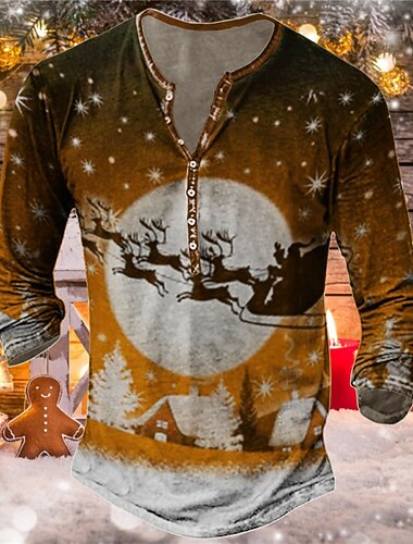  クリスマス メンズ クリスマス シーン ヘンリー T シャツ T シャツ ヘンリー T シャツ グラフィック サンタクロース ヘラジカ ヘンリー レッド ブルー オレンジ 3D プリント アウトドア 長袖 ボタンダウン プリント 衣類 アパレル デザイナー ベーシック クラシック