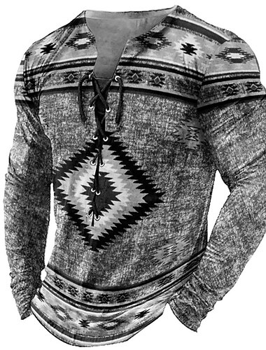  Men's T shirt Tee Tee Graphic Tribal Collar Black Light Green Pink Navy Blue Blue 3D Print Outdoor Street Long Sleeve Lace up Print Clothing Apparel Designer Stylish Vintage Basic