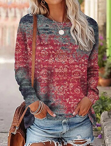  Women's T Shirt Graphic Vintage Ethnic Long Sleeve Round Neck Regular Tops Daily Weekend Print Red Blue Purple Orange Green Fall & Winter