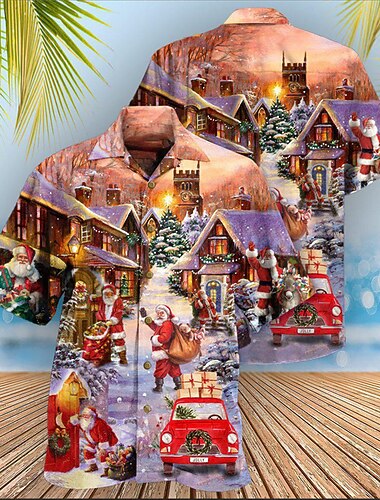  クリスマス メンズ クリスマス シーン プリント シャツ シャツ サンタクロース グラフィック プリント ターンダウン パープル 3D プリント ストリート 半袖 ボタンダウン プリント 衣類 アパレル ファッション デザイナー カジュアル